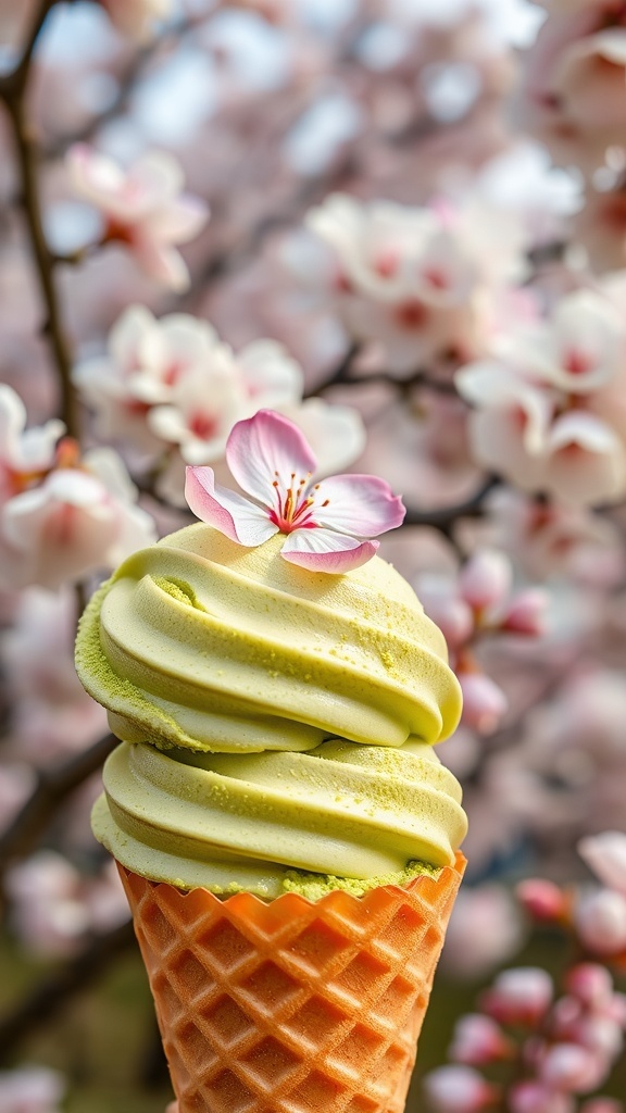 A delicious scoop of matcha ice cream in a waffle cone, garnished with matcha powder and cherry blossom petal.